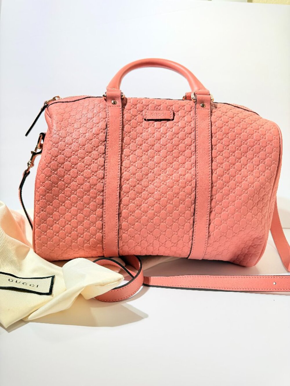 Gucci Micro Guccissima Pink Leather Boston Satchel Crossbody Bag Dust Bag